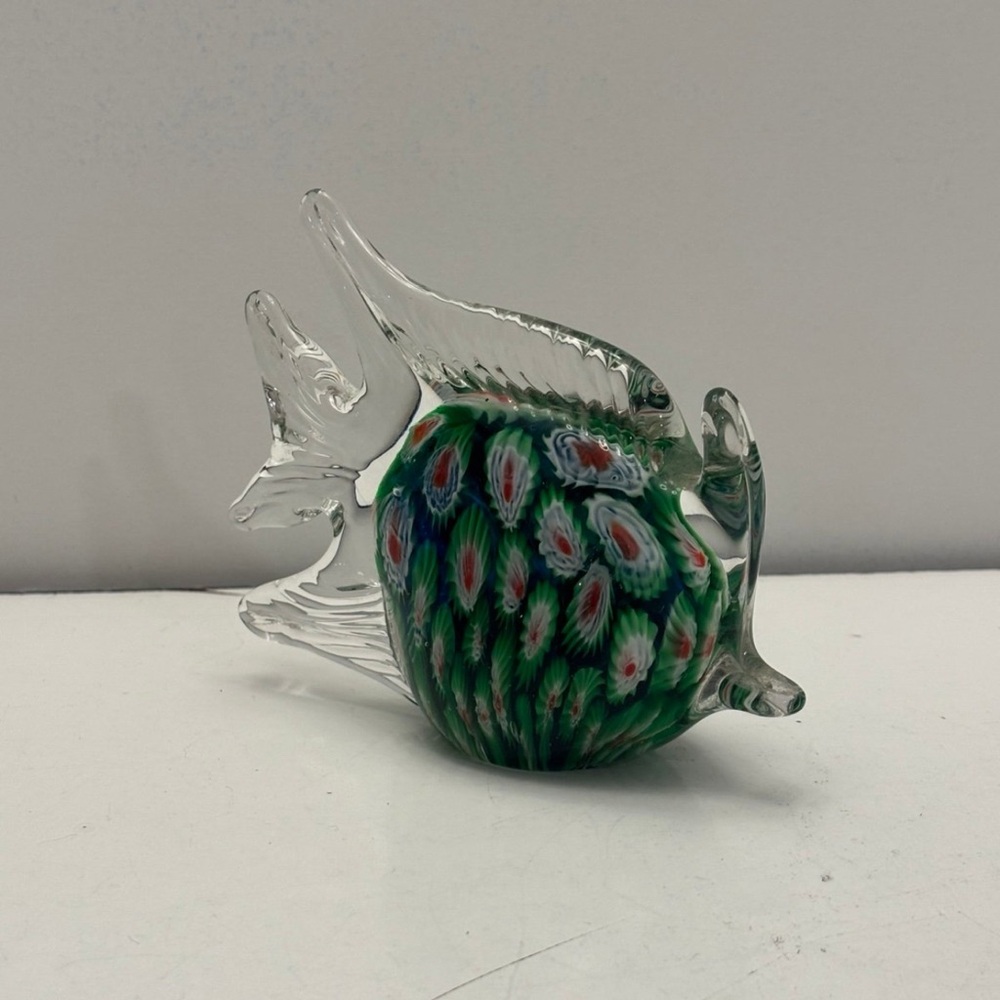 Vintage Italian Murano Fish With Millefiori Multicolor Art Glass Paperweight
